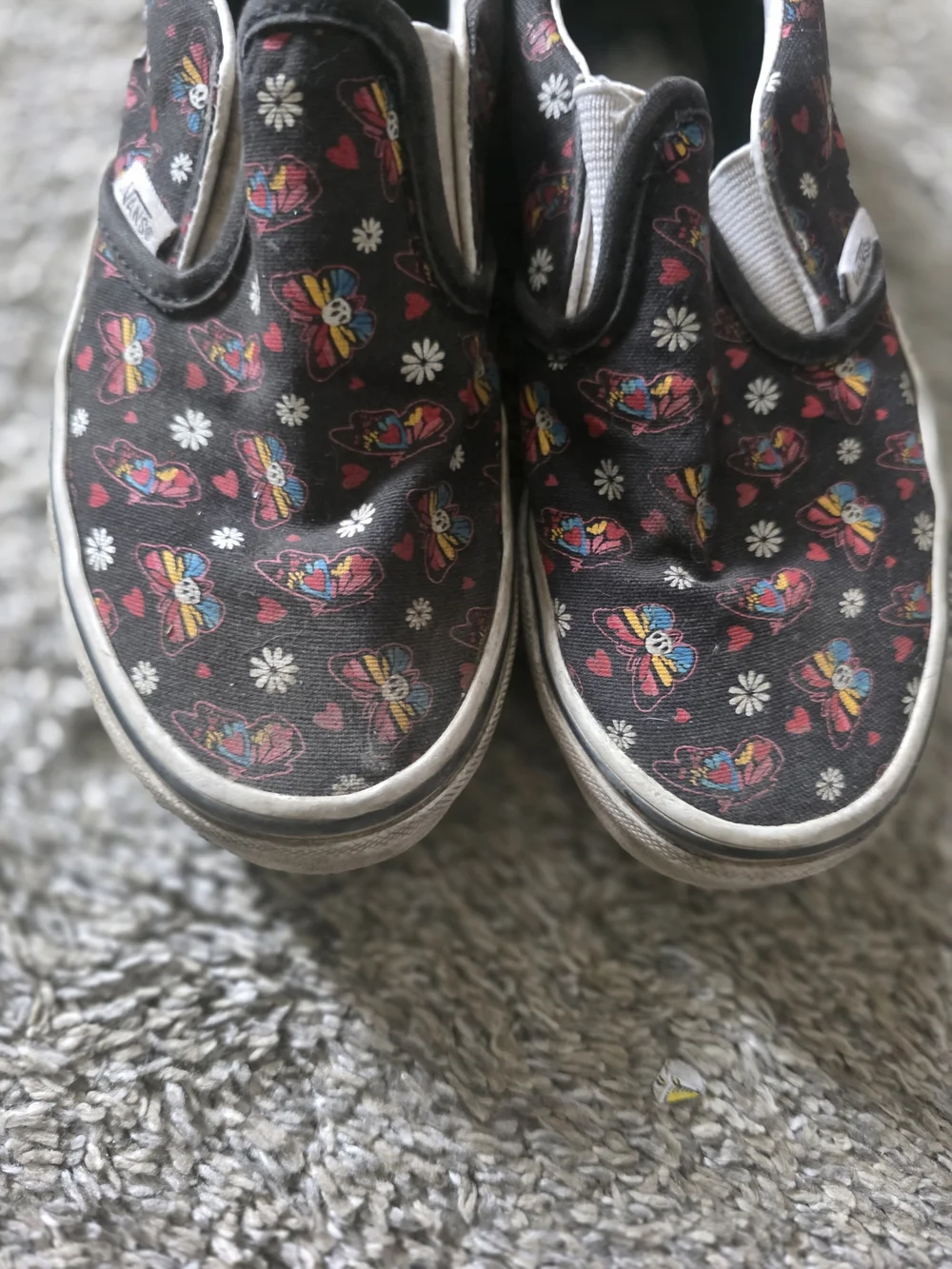 Kids Vans Slip-On Canvas Shoes with Colorful Skull Butterfly Print - Black